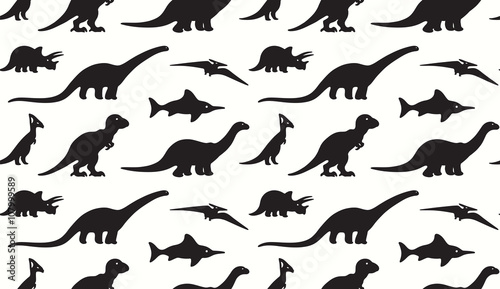 Dinosaurs black silhouettes on white background. Seamless pattern © penguin_house