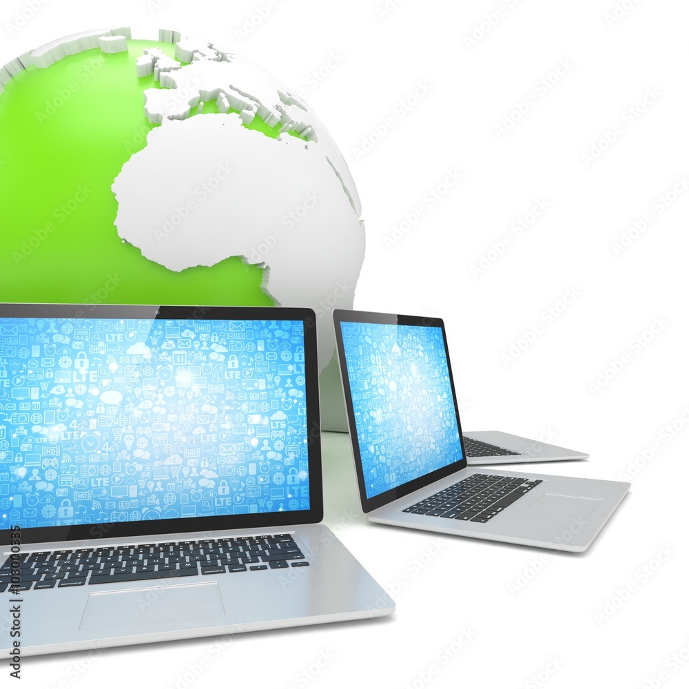 Laptop network around earth globe. 3d render Laptop network around earth globe. 3d render