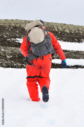 Researcher on the landscape of the Antarctica, South pole