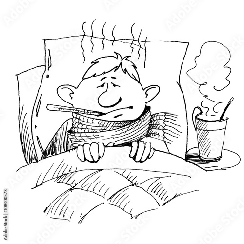 Disease, sick employee, medicine, hospital bed,   hot drink,   thermometer. Sick pay. Drawing by hand