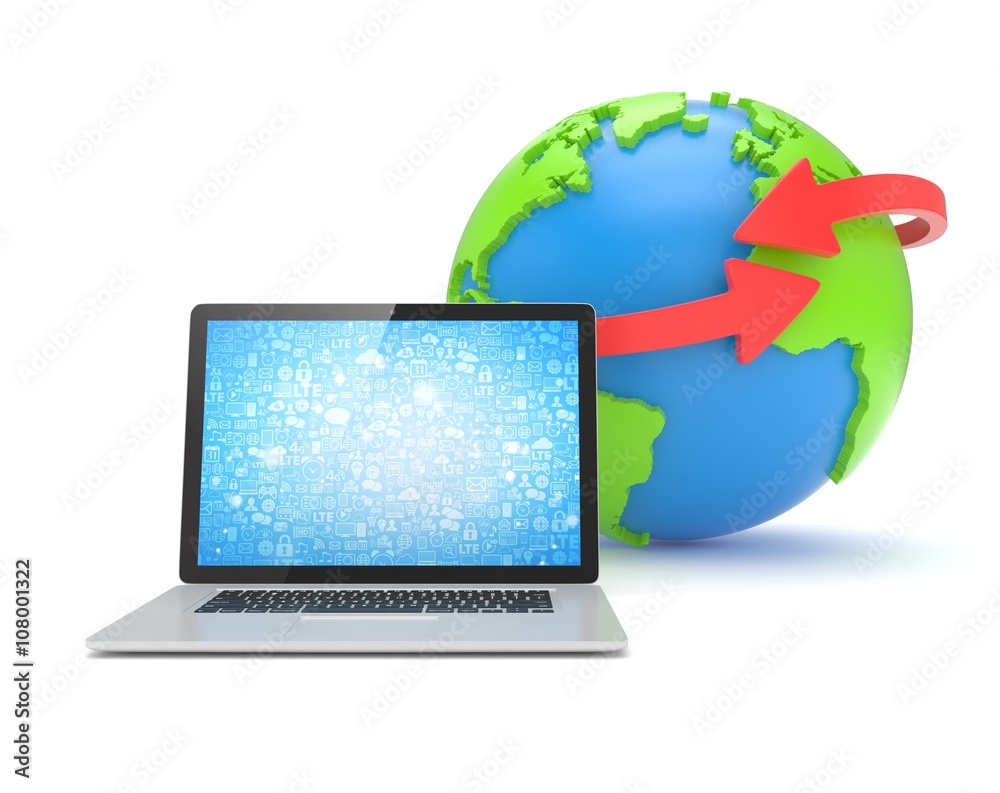 Laptop network and earth globe. 3d rendering.