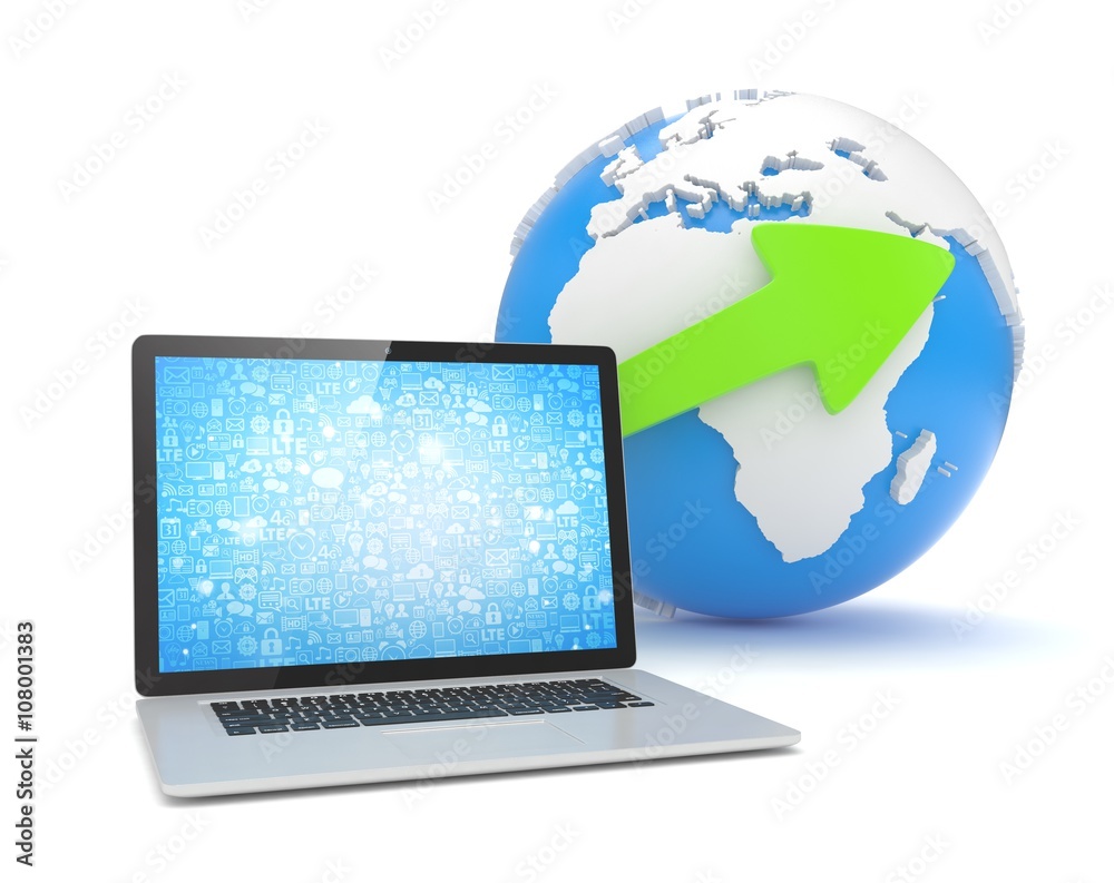 Laptop network and earth globe. 3d render Laptop network and earth globe. 3d render