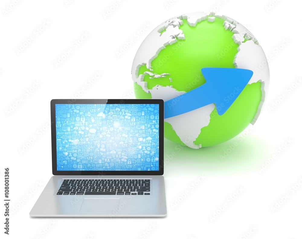 Laptop network and earth globe. 3d render Laptop network and earth globe. 3d render