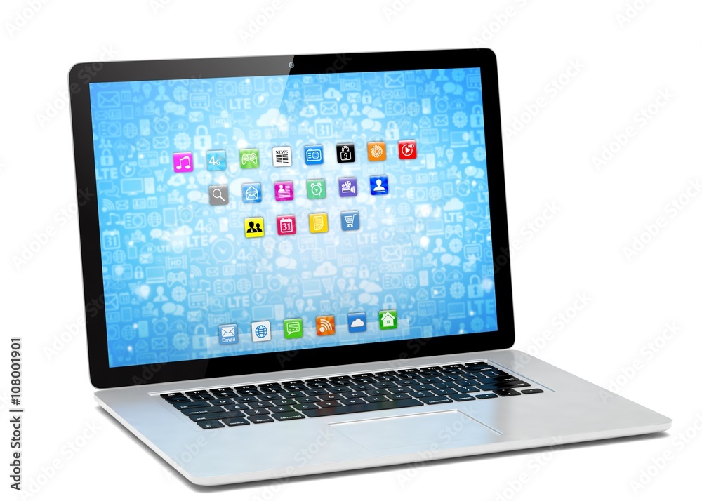 3d rendering of a laptop with blue wallpaper with app icon 3d rendering of a laptop with blue wallpaper with app icon