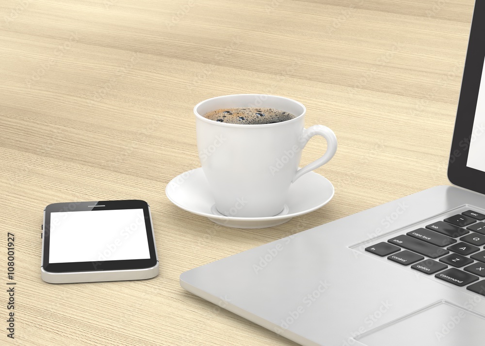 Laptop smartphone and coffee cup. 3d rendering. Laptop smartphone and coffee cup. 3d rendering.