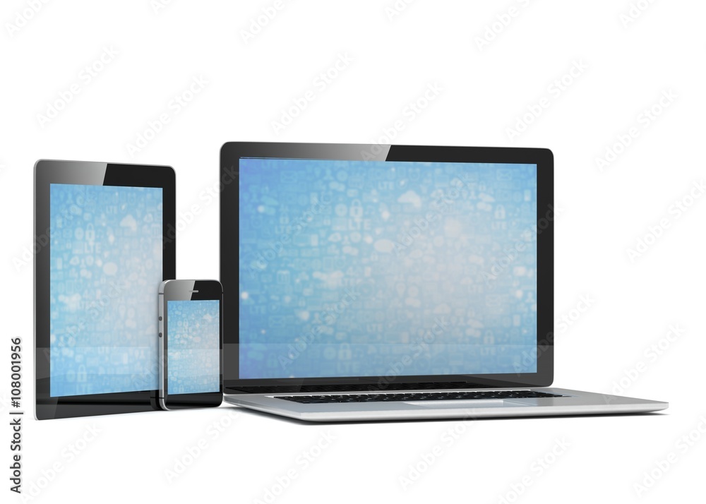 laptop, tablet, phone, on white. 3d rendering. laptop, tablet, phone, on white. 3d rendering.