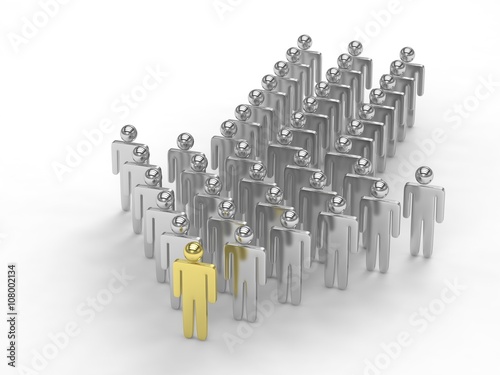 Many 3d people figure in arrow shape with the leader in front. 3d rendering.