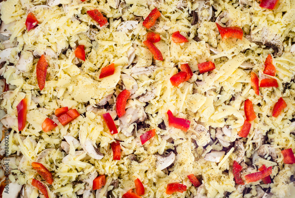 Texture of vegetarian pizza with vegetables with cheese and mushrooms Texture of vegetarian pizza with vegetables with cheese and mushrooms