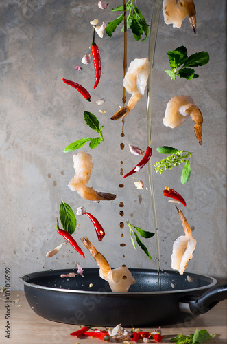 Thai food - Fried shrimps with holy basil with chilli - Pad Gaprao Goong