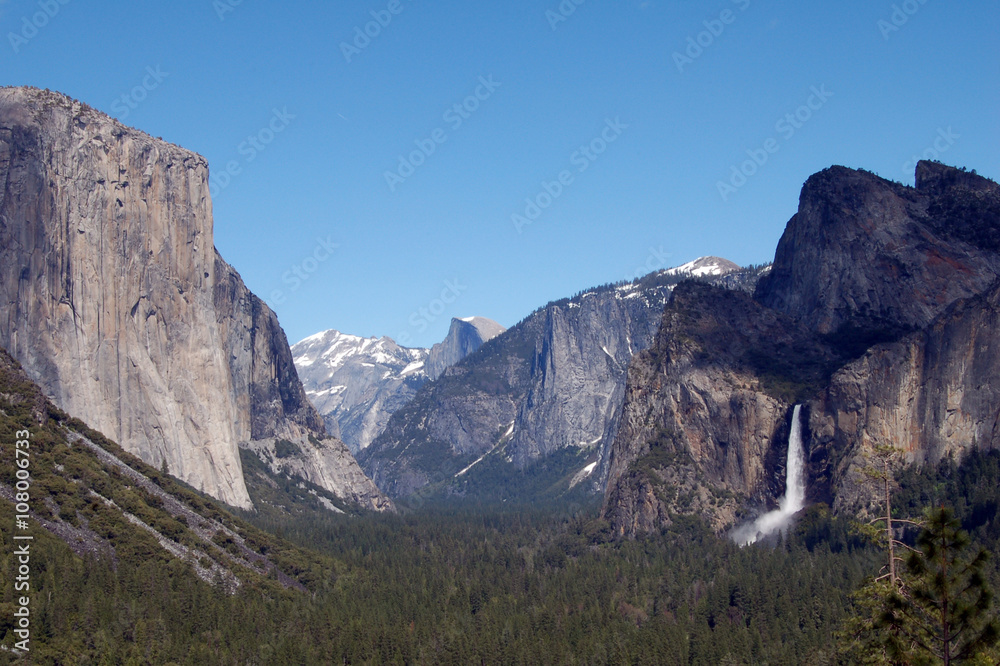 Yosemite mountains and forest with fall and blue sky