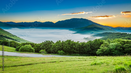 Sunny sunrise in the Castelluccio, Italy, Umbria