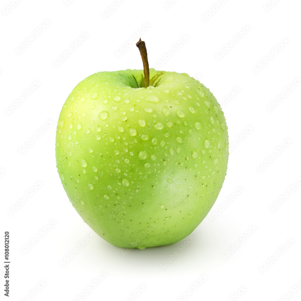 Fresh green apple covered with shiny water drops isolated on white background Fresh green apple covered with shiny water drops isolated on white background