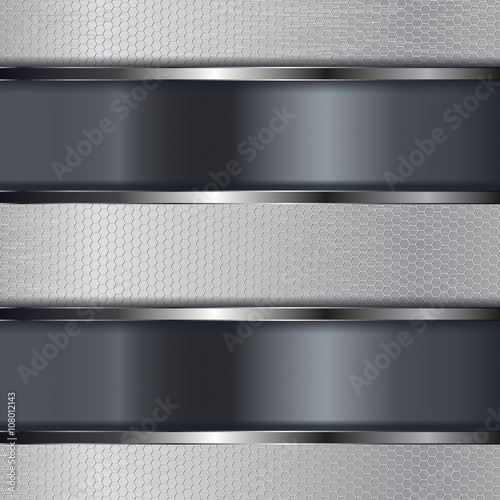 Metal plates with chrome frame on hexagonal holes background. Metal background.