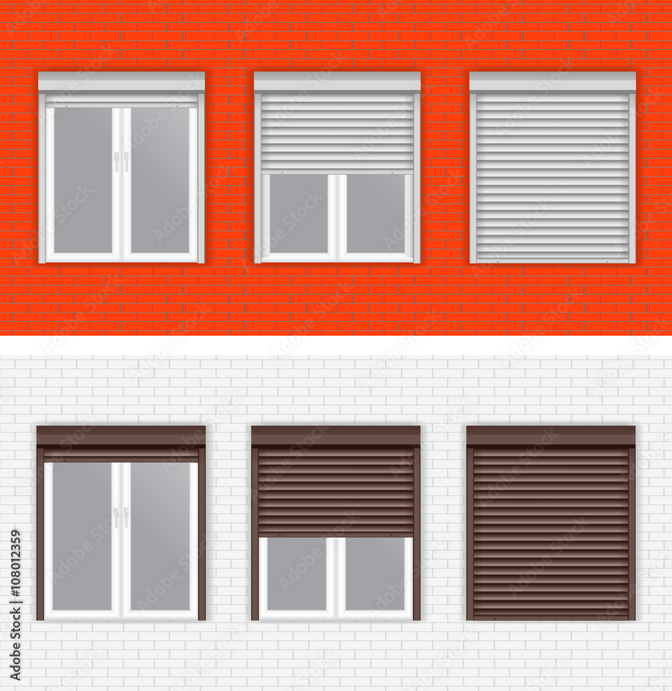 Windows with Rolling Shutters. White and red brick walls. Windows with Rolling Shutters. White and red brick walls.