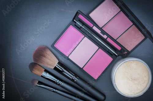 dark tone selective focus on beautiful pink cheek blusher kit