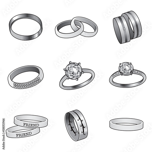 Collection set of jewelry rings in black and white