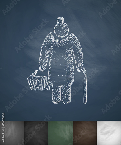 old woman with cane icon. Hand drawn vector illustration