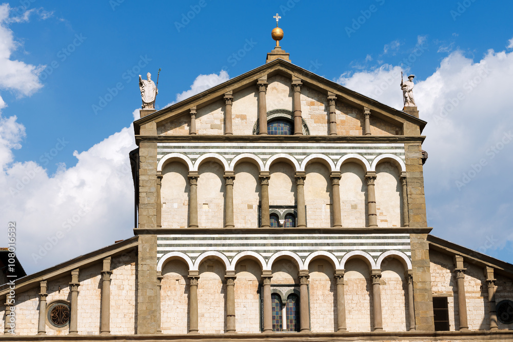 Facade of the Cathedral of San Zeno (St. Zeno) X century in Piazza Duomo (Cathedral square). Pistoia, Tuscany, Italy