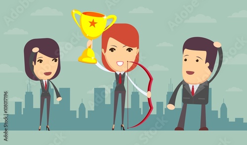 Business woman holding up winning trophy and bow. 