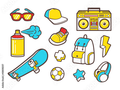 Youth culture symbols. Vector line icons