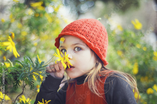 Little girl with red cap sniffing flowers.Girl in a red dress