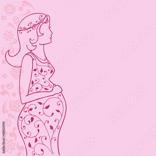 Pregnant woman vector. Pregnant girl on a pink background. Greeting card.