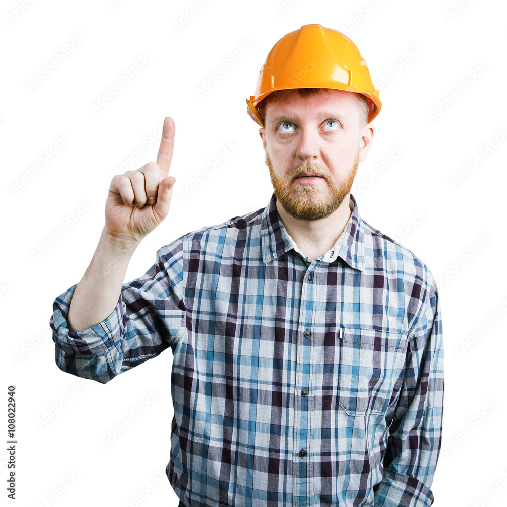 Man in a helmet showing his index finger upwards Man in a helmet showing his index finger upwards