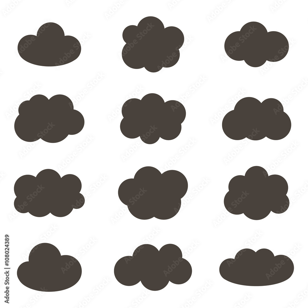 Flat design monochrome cloud icons isolated on white background. Clouds set,
collection. Flat design monochrome cloud icons isolated on white background. Clouds set,
collection.