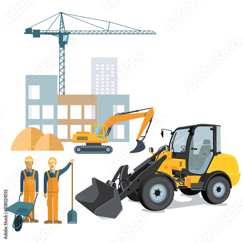 Baustelle mit Radlader und Kran