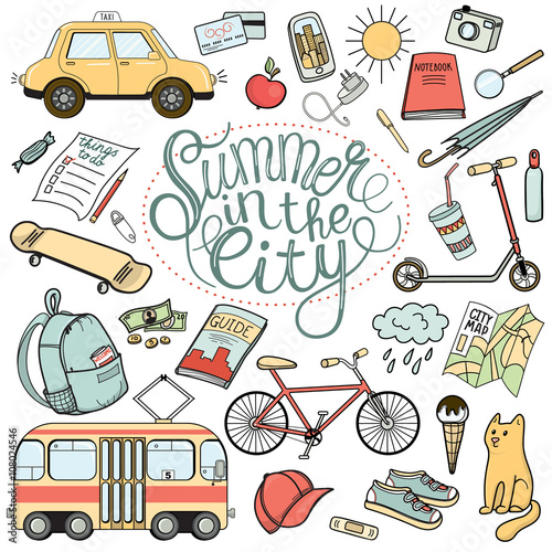 Summer in the city colorful hand drawn doodle set. Urban tourist necessities. Isolated vector illustrations