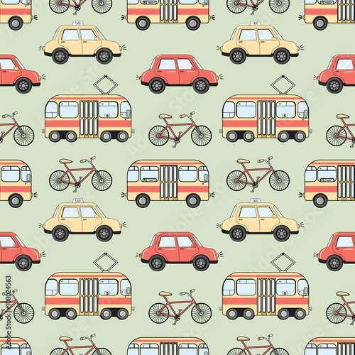 Cartoon style city transport seamless pattern. Bus, tram, car and taxi background. Colorfull vector illustration