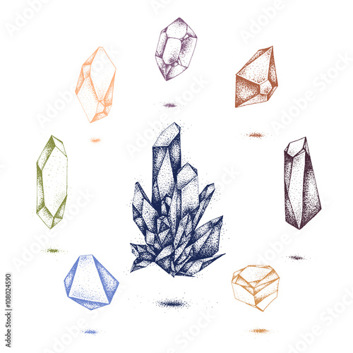 Vector Crystal illustrations on white background. Isolated diamond icons for stone logo, jewellery store, beauty logo crystal, luxury emblem template. Jewelry emblem with set of jems. photo
