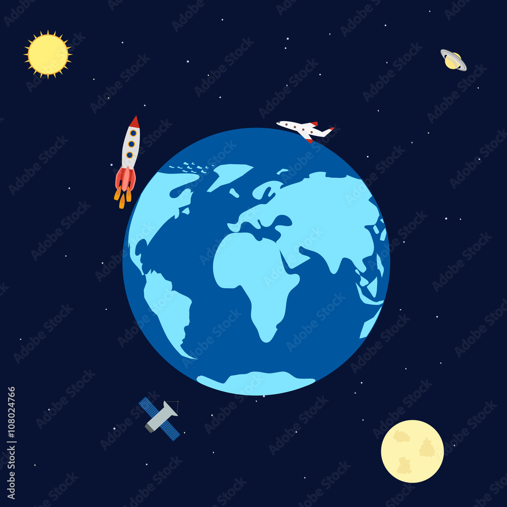 vector illustration. Banner space with planets, rocket, satellite, aircraft. Earth, Saturn, sun, moon. Infographics vector illustration. Banner space with planets, rocket, satellite, aircraft. Earth, Saturn, sun, moon. Infographics