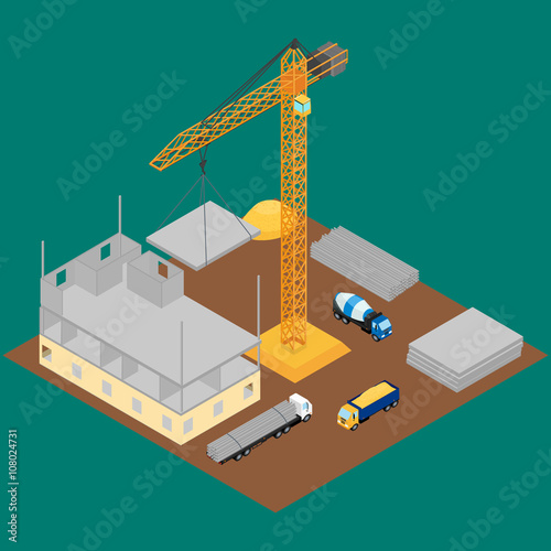 vector illustration. Construction site, house under construction, crane, concrete mixer, truck. The concrete blocks. Isometric, infographic