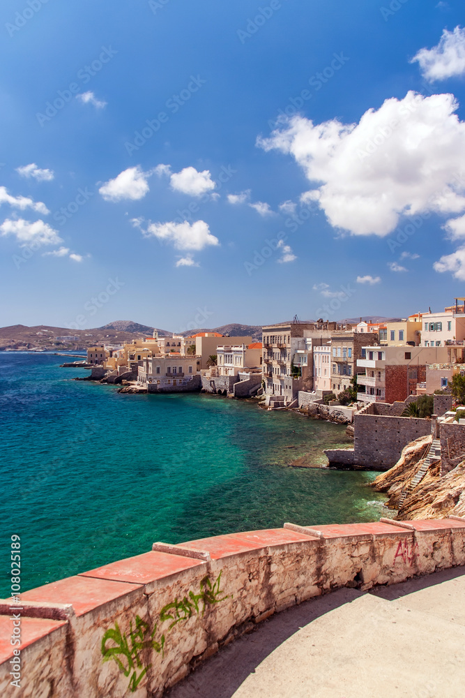 Traditional houses by the sea in Syros island