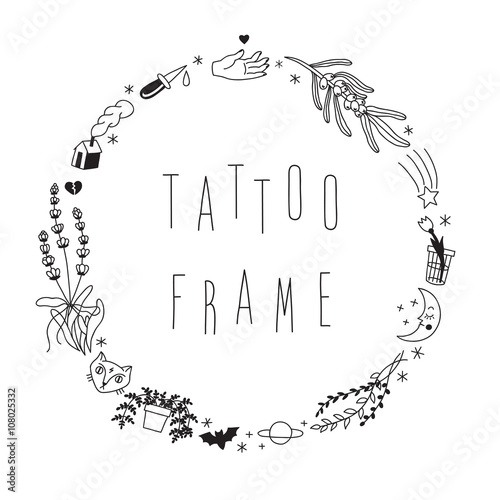Old school hipster black tattoos vector circle frame.