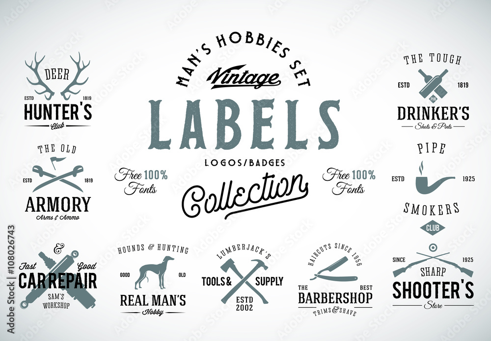 Fototapeta premium Set of Vintage Icons, Labels or Logo Templates With Retro Typography for Mens Hobbies Such as Hunting, Arms, Dog Breeding, Car Repair, etc. 