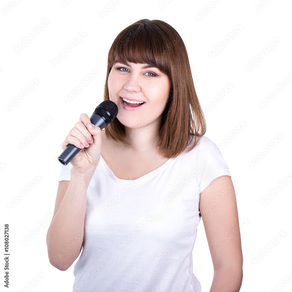 happy young beautiful woman singing with microphone isolated on happy young beautiful woman singing with microphone isolated on