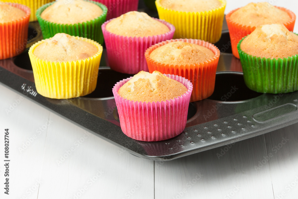 Homemade Colorful Plain Cupcakes On Baking Tray. Homemade Colorful Plain Cupcakes On Baking Tray.