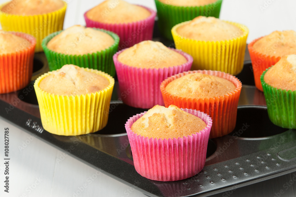 Homemade Colorful Plain Cupcakes On Baking Tray. Homemade Colorful Plain Cupcakes On Baking Tray.