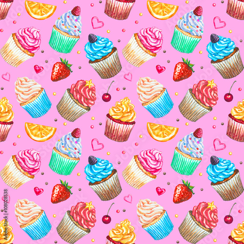 Seamless pattern with watercolor cupcakes.