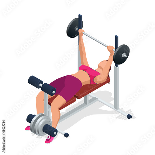 Young woman with barbell flexing muscles in gym. Gym adjustable weight bench with barbell isolated on white background. Flat 3d isometric vector illustration