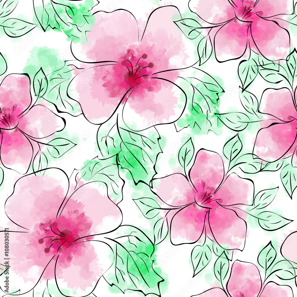 Vector Seamless Floral Pattern. Flower pattern with pink flower on white background. Watercolor imitation and ink.