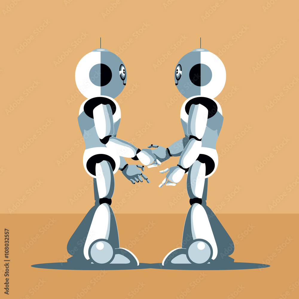 Two silver humanoid robots shaking hands. Digital background vector illustration.