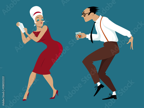 EPS 8 vector illustration of a couple dressed in 1960s fashion dancing and mixing cocktails, no transparencies
