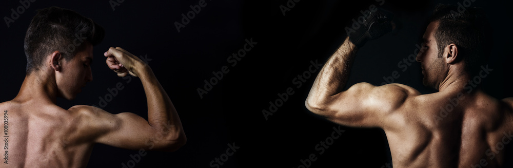 view of muscular men lifting biceps in front black background