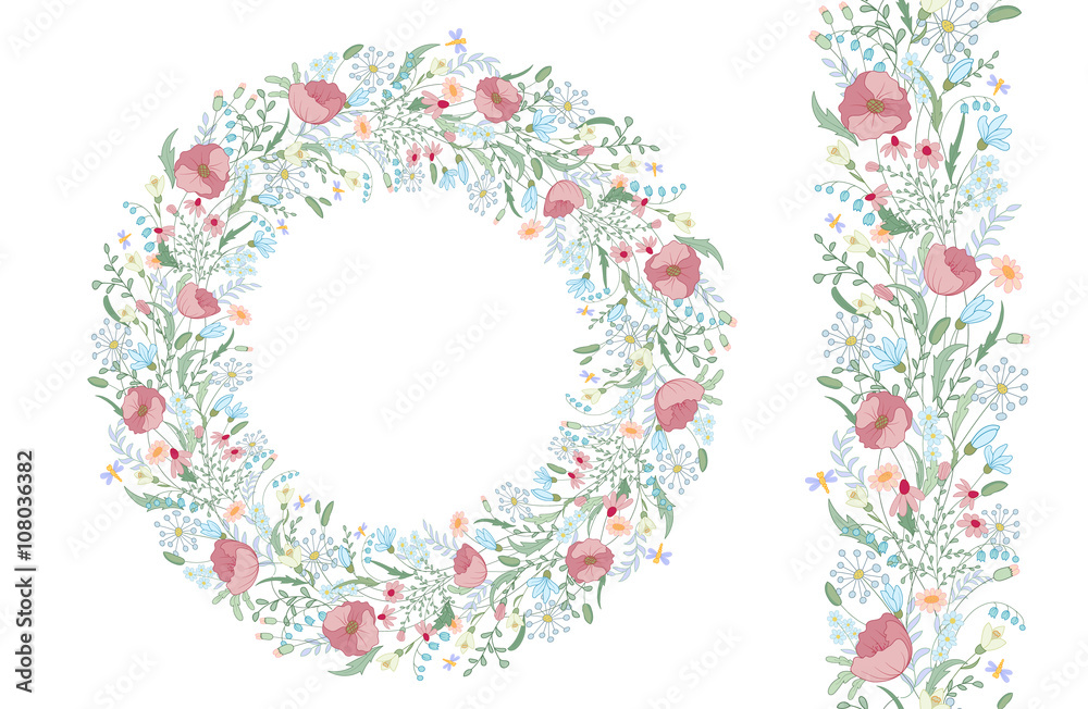 Seamless pattern brush with stylized bright summer flowers. Endless floral hand drawing texture. Wild flowers - lily, daisy, poppy and others. Flowers wreath. Circle frame. Seamless pattern brush with stylized bright summer flowers. Endless floral hand drawing texture. Wild flowers - lily, daisy, poppy and others. Flowers wreath. Circle frame.