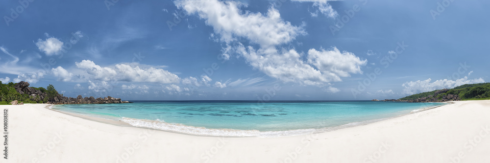 panoramic view of grand anse beach la digue island seychelles