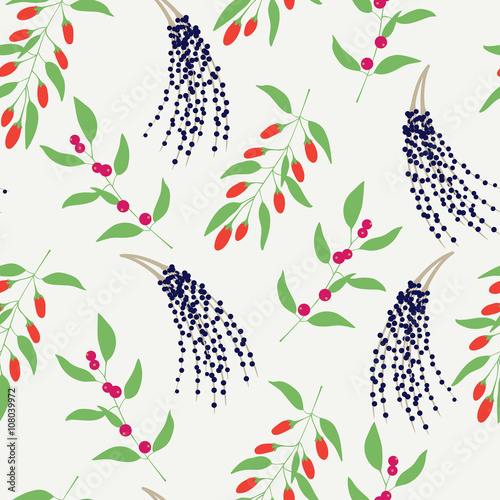Seamless pattern with colorful branches camu camu, goji and acai