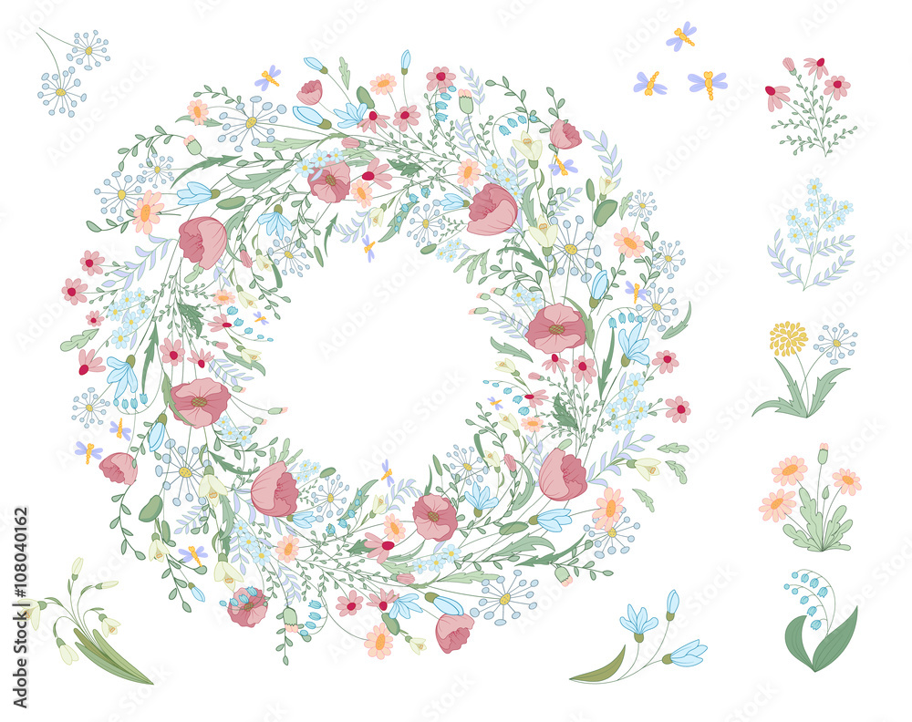 Detailed contour wreath with herbs, leaves and wild spring flowers isolated on white. Round frame for your design, greeting cards, wedding announcements, posters.